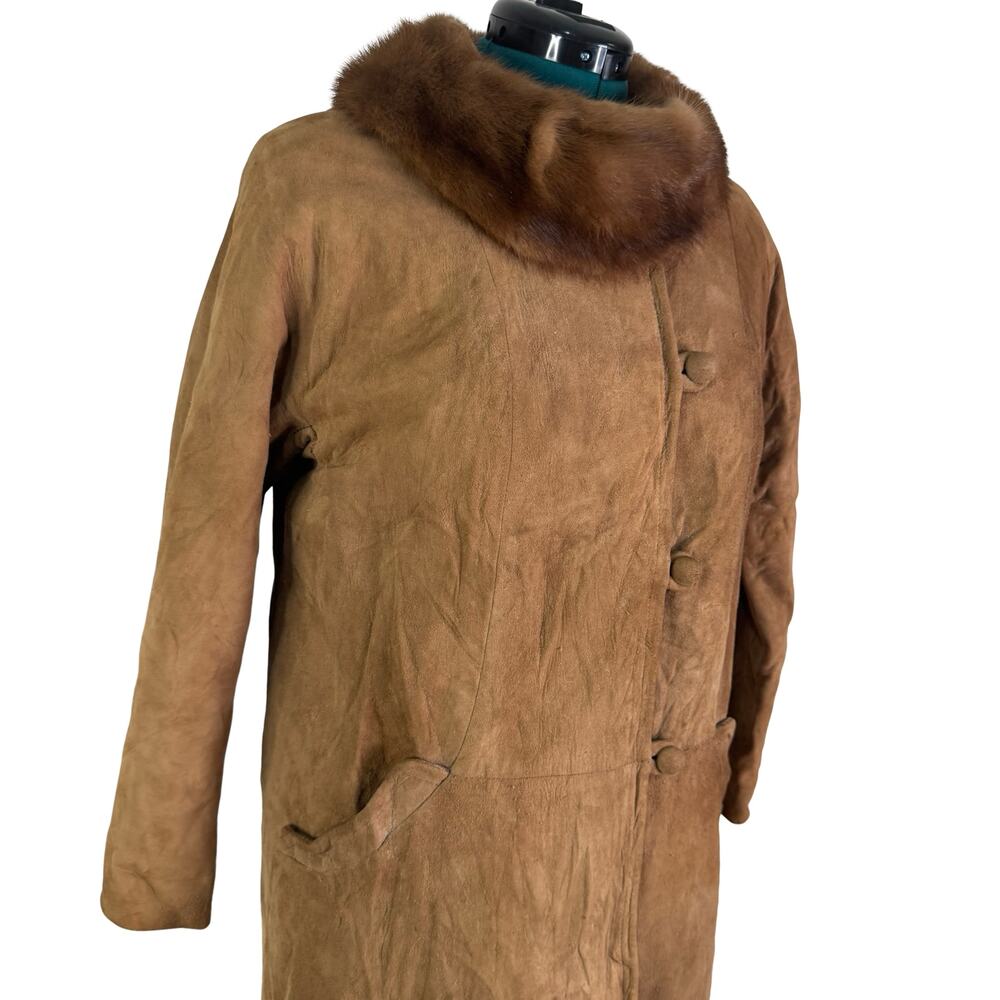 Vintage Brown Suede Coat with Dark Mink Fur Collar XS–S - Picture 2 of 16